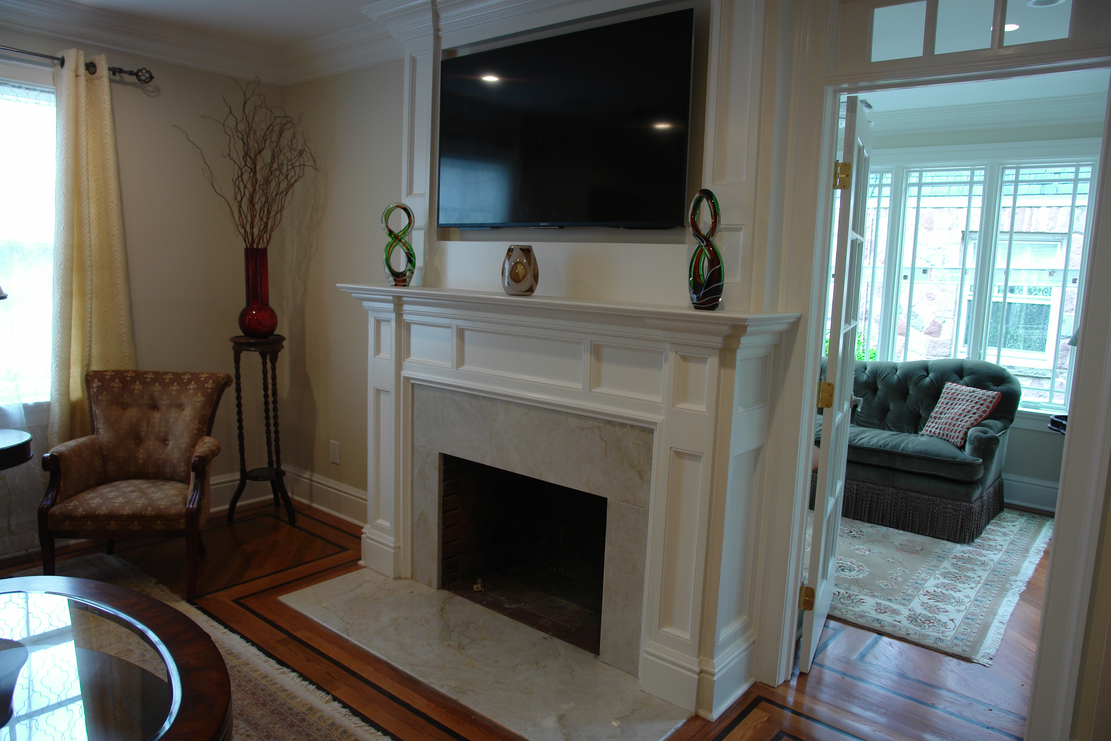 Fireplace mantel, wood floors